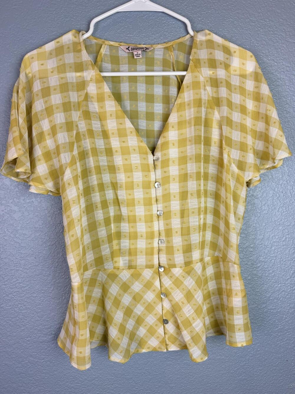 Nanette Lepore Blouse Womens Small Yellow Gingham Peplum Flutter Sleeve Top